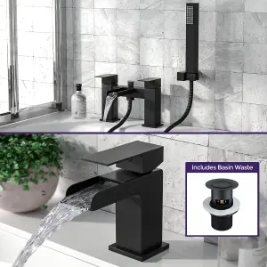 Matte Black Waterfall Basin Sink Mono Tap & Bath Shower Mixer With Handset Kit & Waste