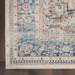 Ivory Blue Rug, Stain-Resistant Bordered Floral Rug, Traditional Luxurious Rug for Bedroom, & Dining Room-71cm X 230cm (Runner)