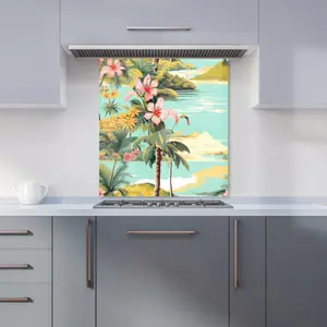 Palm Trees and Hibiscus Premium Glass Kitchen Splashback W700mm x H650mm