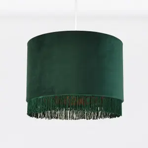 First Choice Lighting Set of 2 Spruce Green Velvet With Gold Inner Tassled Light Shades