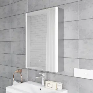 Rectangular 1 Door Touch Sensor Mirror Cabinet with 2 Shelves, Demister & Shaver Socket, 500mm - White/Chrome