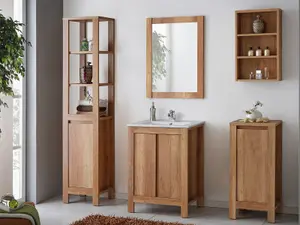 Bathroom Furniture Set: Freestanding 600 Vanity Sink Cabinet Mirror Tall Storage Unit Oak Effect Classic