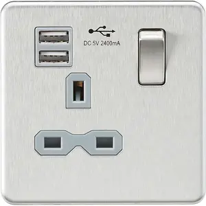 Knightsbridge Screwless Single Switched Socket with Dual USB A 13A Brushed Chrome / Grey - SFR9124BCG