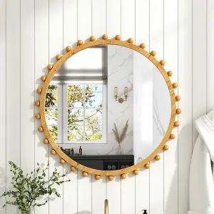 79cm Dia Pine Wood Wall Mounted Shatterproof Mirror Decorative Mirror