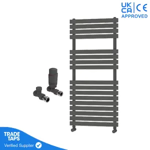 Designer Delta Anthracite Flat Panel Towel Radiator Heated Ladder Rail - 1106 x 500mm - Straight TRV Valve Pair