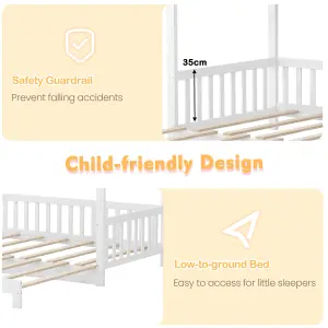 COSTWAY Single to Double Kids Bed Frame Wooden Extendable House Bed w/ Roof Frame