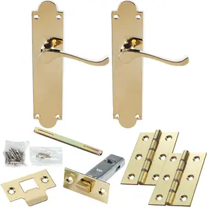 Door Handle & Latch Pack - Polished Brass - Modern Scroll Lever On Scalloped Backplate