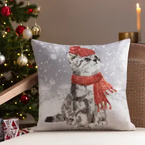 Evans Lichfield Snowy Cat Printed Feather Filled Cushion