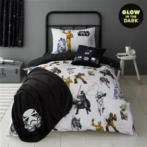 Star Wars Glow In The Dark Duvet Cover And Pillowcase Set, Fictional, Size: Single, Black/White/White, Polycotton