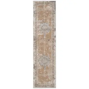 Neutral Beige Traditional Medallion Bordered Living Runner Rug 70x240cm