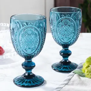 Set of 4 Vintage Luxury Blue & Clear Drinking Wine Glass Wine Goblets 310ml