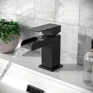 Nes Home Origin Waterfall Basin Mono Mixer, Bath Filler Tap & Waste Matte Black