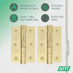 AFIT Polished Brass Door Hinges - 3 Inch / 76mm  Internal Fire Door Hinges - 10 Pairs