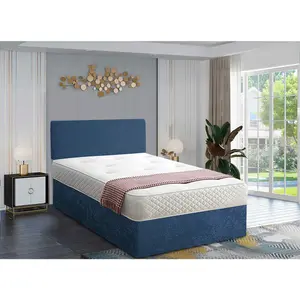 Loria Divan Bed Set with Headboard and Mattress - Plush Fabric, Blue Color, 2 Drawers Left Side