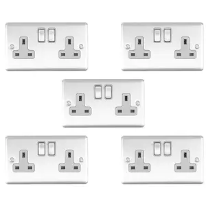 5 PACK 2 Gang Double UK Plug Socket SATIN STEEL & Grey 13A Switched Outlet