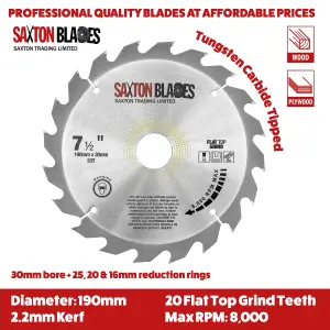 Saxton TCT19020TFTG  TCT Circular Saw Blade 190mm x 20 Teeth x 30mm Bore + 16, 20 and 25mm Rings