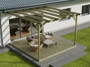 Wall mounted pergola and decking complete diy kit, Champion design (4.8m x 4.8m, Light green (natural) finish)