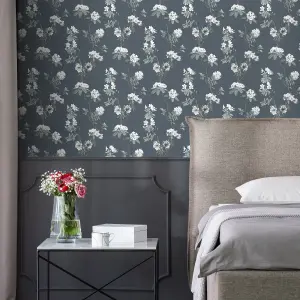 GoodHome Rubin Dark grey Floral Textured Wallpaper