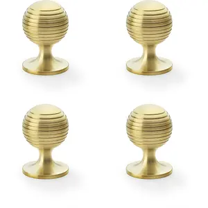 4 PACK - Reeded Ball Door Knob - 38mm Diameter Satin Brass Lined Cupboard Pull Handle