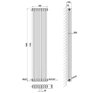 Vertical Anthracite Triple Column Radiator (H) 1800mm x (W) 380mm, 6851 BTU.