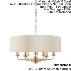 Ceiling Pendant Light - Brushed Chrome Plate & Natural Linen - 6 x 40W E14