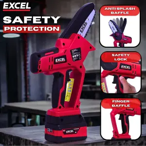 Excel 18V Cordless Mini Chain Saw with 1 x 4.0Ah Battery Charger & Bag