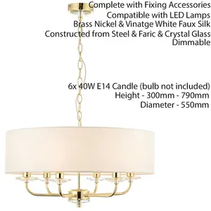 Multi Light Ceiling Pendant 6 Bulb BRASS & WHITE Chandelier Large Shade Lamp