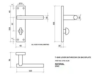 Z742 T Bar Matt Black Door Handles, Modern Lever on Bathroom Backplate, Pair - Handlestore