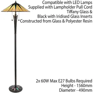 1.5m Tiffany Twin Floor Lamp Black & Multi Colour Stained Glass Shade i00009