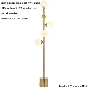 1515mm Floor Lamp - Satin brass plate & gloss white glass - Standing LED Light Base & Shade