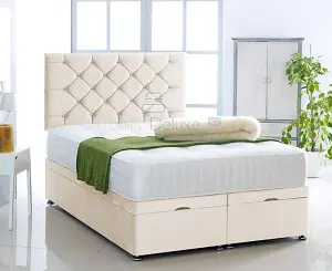 Cream  Plush Foot Lift Ottoman Bed With Memory Spring Mattress And Studded Headboard 6.0 FT Super King