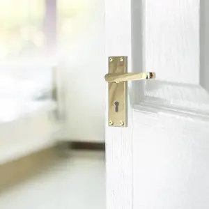 Door Handles Straight Lever Lock Keys Hinge Set - Brass 150 x 40mm