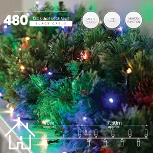 LED Waterproof Cluster Fairy Lights with Green Cable (480 Cluster Lights - 17.5M Cable) - Multicoloured Lights