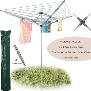 Folding 4 Arm Rotary Airer, Heavy Duty Garden Washing Line Clothes Airer Dryer, 60m with Cover, Metal Ground Spike Included