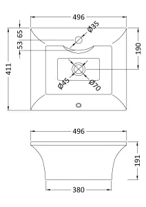 Rectangular 1 Tap Hole Ceramic Countertop Vessel without Overflow - 495mm