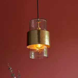 Luminosa Palermo Slim Pendant Ceiling Light Hammered Brass Plate, Textured Clear Glass