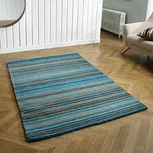 Handmade Easy to Clean Modern Striped Teal Wool Rug for Living Room & Bedroom-200cm X 285cm