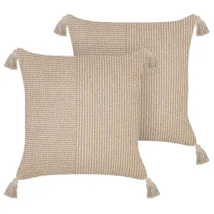 Set of 2 Cushions ARALIA Cotton 45 x 45 cm Solid Beige