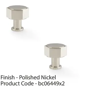 2 PACK - Industrial Hex Cabinet Door Knob - 33mm Polished Nickel Cupboard Pull Handle