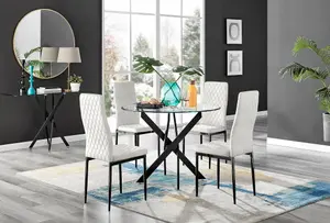 Furniturebox UK Novara Black Leg Round Glass Dining Table & 4 Cream Velvet Milan Black Leg Chairs