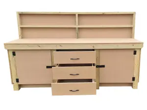 Wooden work bench with drawers and double lockable cupboard (V.8)  (H-90cm, D-70cm, L-240cm) with back panel