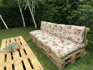 Pallet Cushion Set Garden Outdoor EURO 4 Sofa Floral Cream Tufted Seat Back Pads