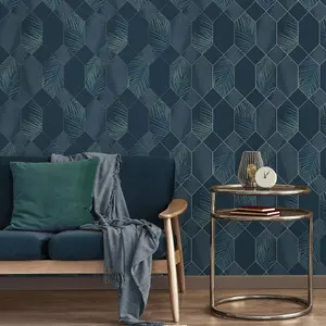 Miami Geometric Leaf Wallpaper Navy / Silver Fine Decor FD42837