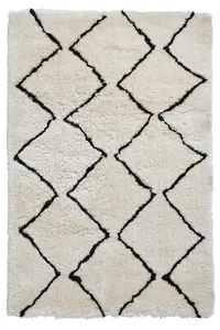 Ivory/Black Handmade Luxurious Modern Shaggy Chequered Geometric Rug For Dining Room Bedroom & Living Room-150cm X 230cm