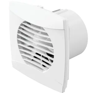 IPX5 Energy Efficient Axial Bathroom Extractor Fan with Back Draft Excluder - Wall or Ceiling Mounted  (100mm with Timer, White)