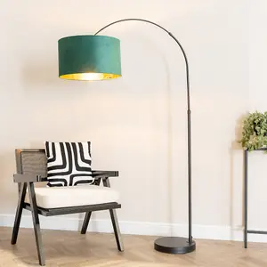 ValueLights Louis Black Arched Floor Lamp with Forest Green Velvet Drum Metallic Gold Inner Shade and LED Bulb