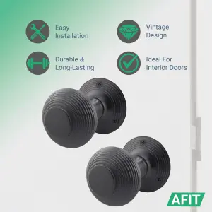 AFIT Beehive Reeded Black Door Knob Set - 1 Pair Matt Black Mortice Knobs (55mm), Latch (76mm), Hinges (76mm) & Indicator Bolt