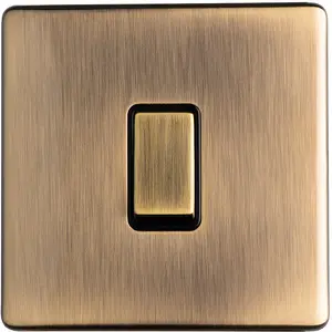 1 Gang Single SCREWLESS 20A Switch ANTIQUE BRASS & BLACK 3mm Slim Metal Plate