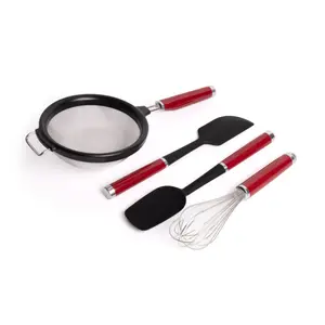 4pc Empire Red Cooking Utensil Set with Wire Whisk, 17.5cm Strainer, Spoon Spatula & Scraper Spatula