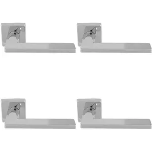 4 PACK - Premium Sleek Slim Door Handle Set - Polished Chrome Angled Lever on Square Rose